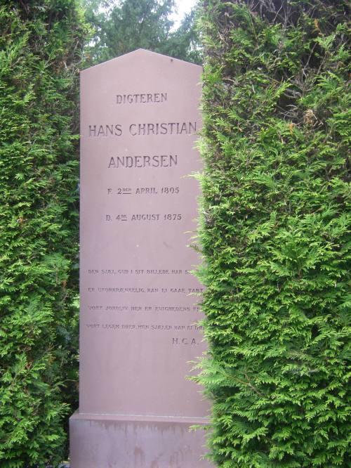 Hans Christian Andersen's grave.  Curious fact - in Danish the letter H is pronounced "ho" and the letter C is pronounced "say." Most Danes refer to the writer as H. C. Andersen, or to American ears, "Jose Andersen."